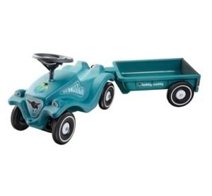 BIG Bobby Car Classic Eco 2.0 mit Anhänger – Rutschauto ab 1 Jahr aus Recycling-Material mit Caddy, Lenkrad und Hupe, für Kinder ab 1 Jahr (bis 50 kg), Türkis mit Grau