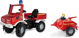 Rolly Toys Unimog Feuerwehr Tretauto (mit Anhänger ab 3 Jahren, Feuerwehrauto zum selber fahren mit Flüsterlaufreifen, Schaltung, Handbremse, Tretfahrzeug, Tretauto ab 3, Kinderfahrzeug)