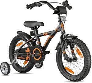 PROMETHEUS BICYCLES Kinderfahrrad 16 Zoll ab 5 Jahren – Kinder Fahrrad Mädchen Jungen Fahrrad Kinder mit Stützräder Rücktrittbremse in Schwarz Matt Orange